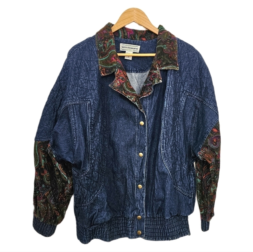 90s Vintage Patchwork paisley corduroy blue button XL